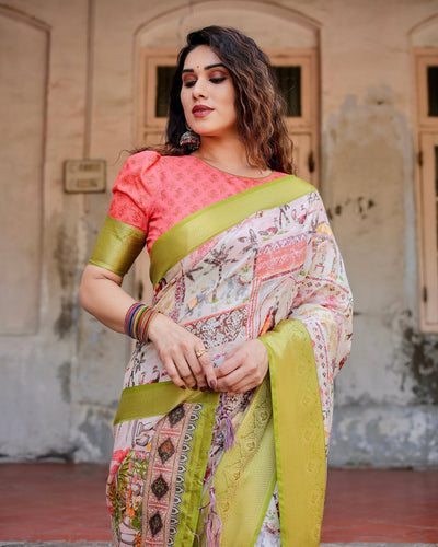 Pure Silk Digitally Printed Saree Weaved With Golden Zari Comes With Tassels - Almaari Fashion