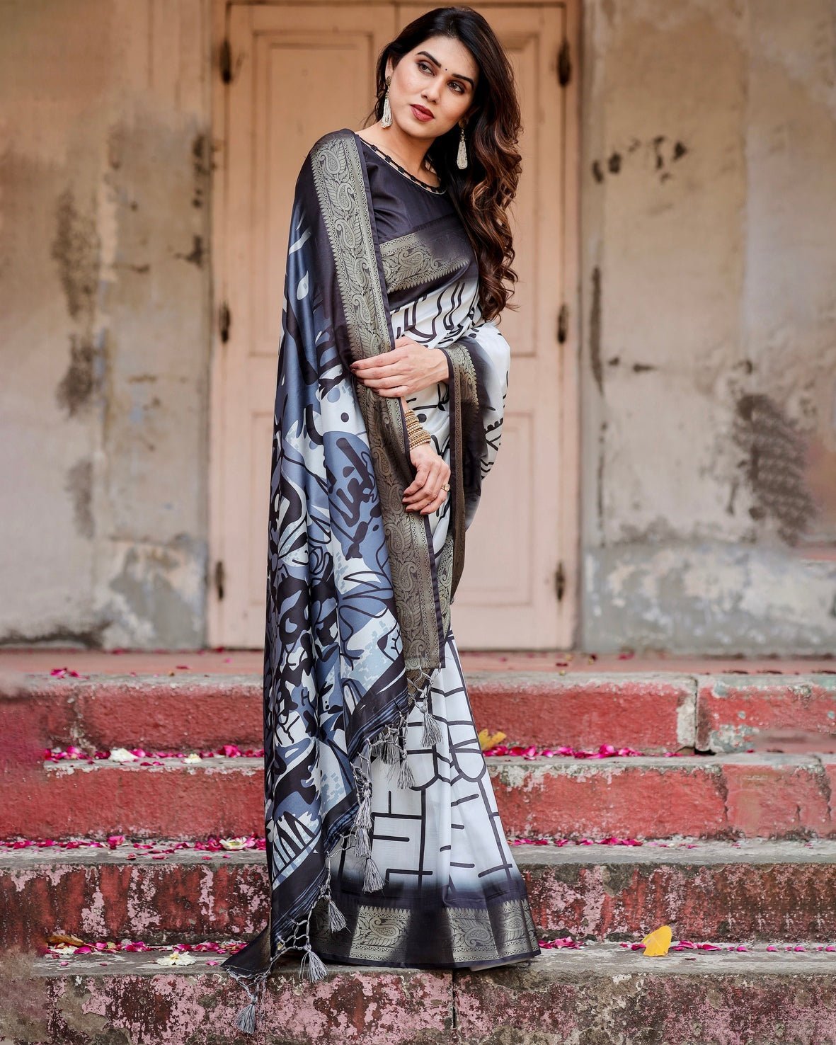 Pure Silk Digitally Printed Saree Weaved With Golden Zari Comes With Tassels - Almaari Fashion