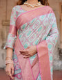 Pastel Pink and Mint Green Geometric Banarasi Silk Saree with Zari Paisley Border