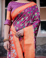 Wine Purple and Orange Banarasi Silk Saree with Floral Motifs and Artistic Pallu