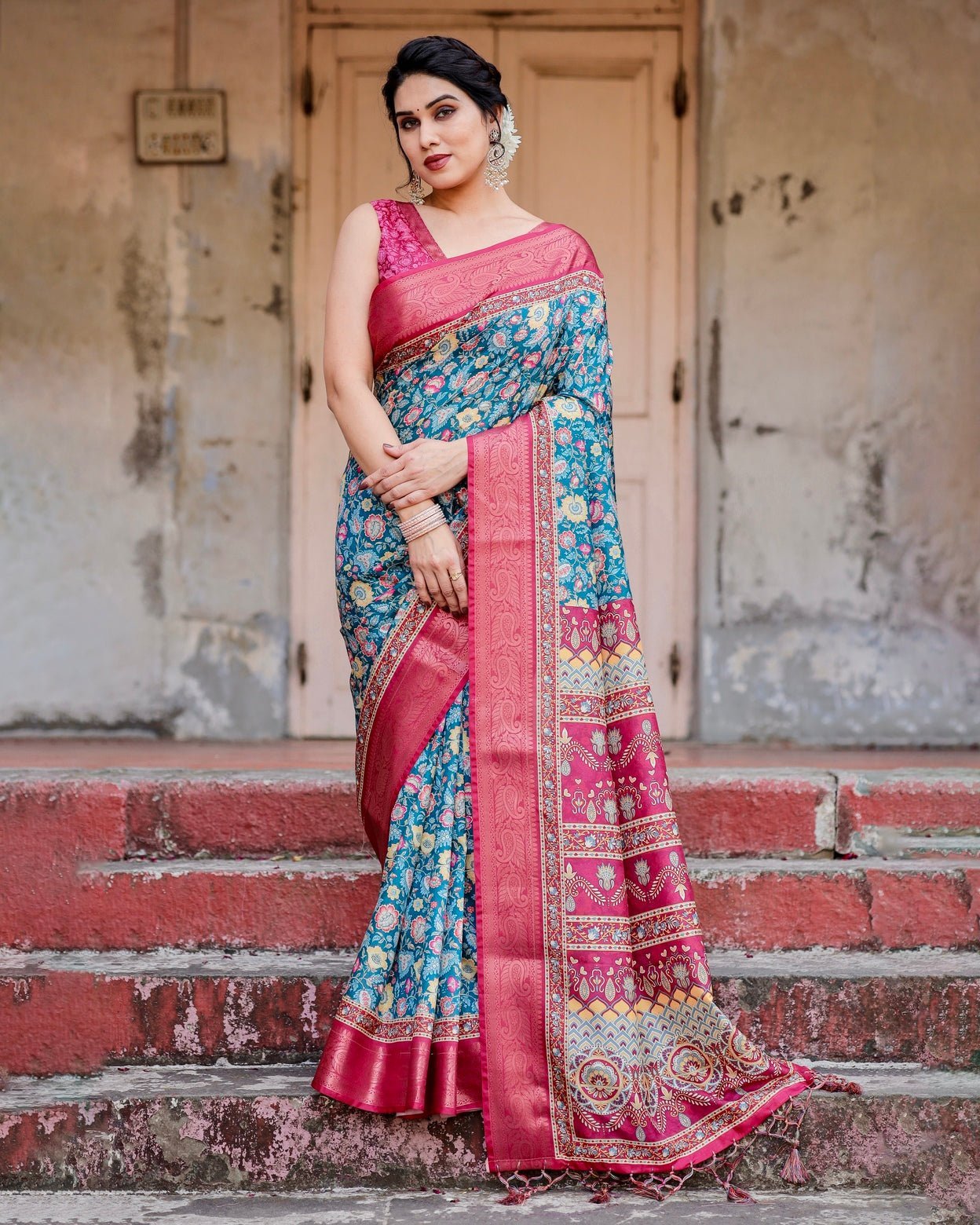 Pure Silk Digitally Printed Saree Weaved With Golden Zari Comes With Tassels - Almaari Fashion