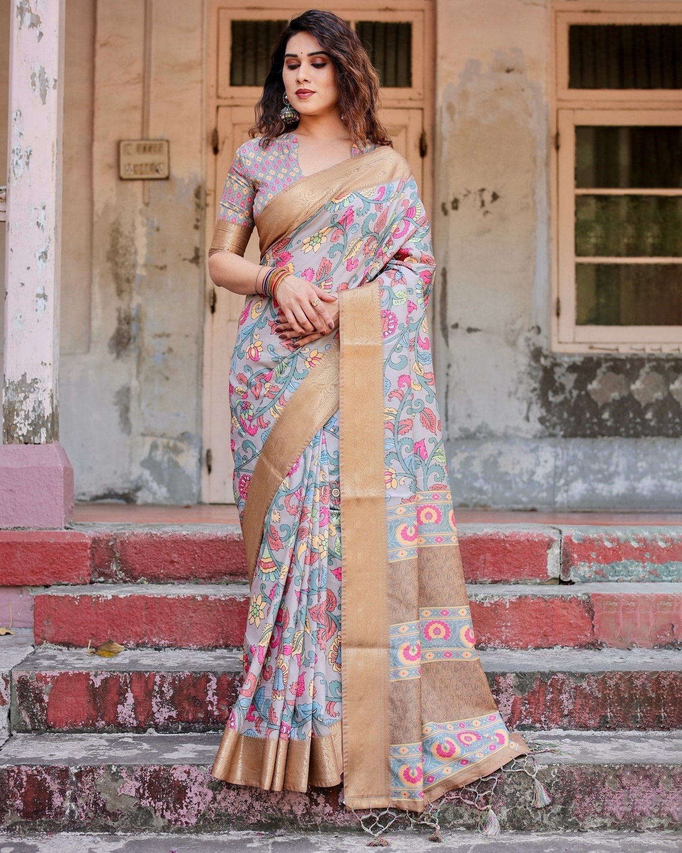 Pure Silk Digitally Printed Saree Weaved With Golden Zari Comes With Tassels - Almaari Fashion