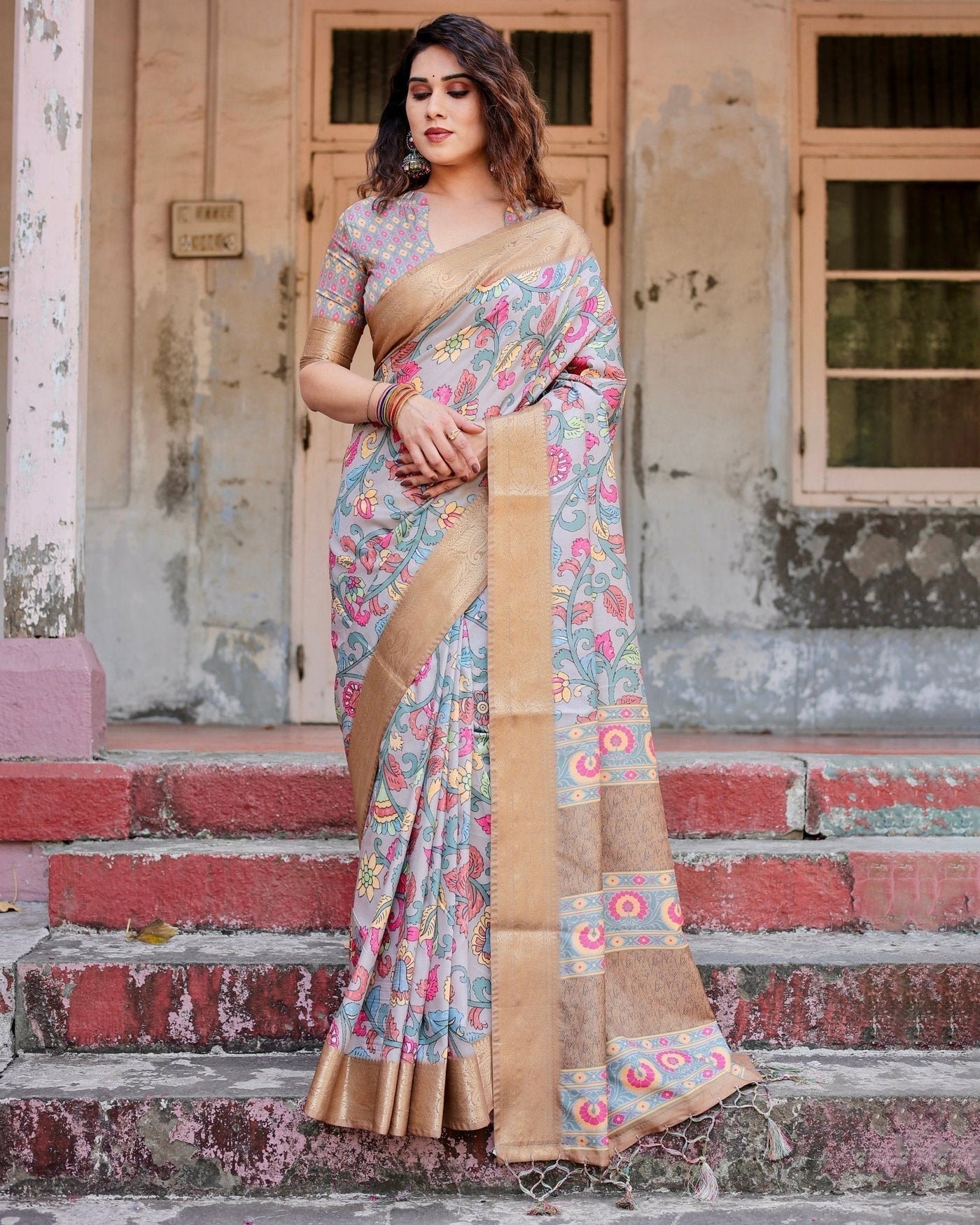 Pure Silk Digitally Printed Saree Weaved With Golden Zari Comes With Tassels - Almaari Fashion