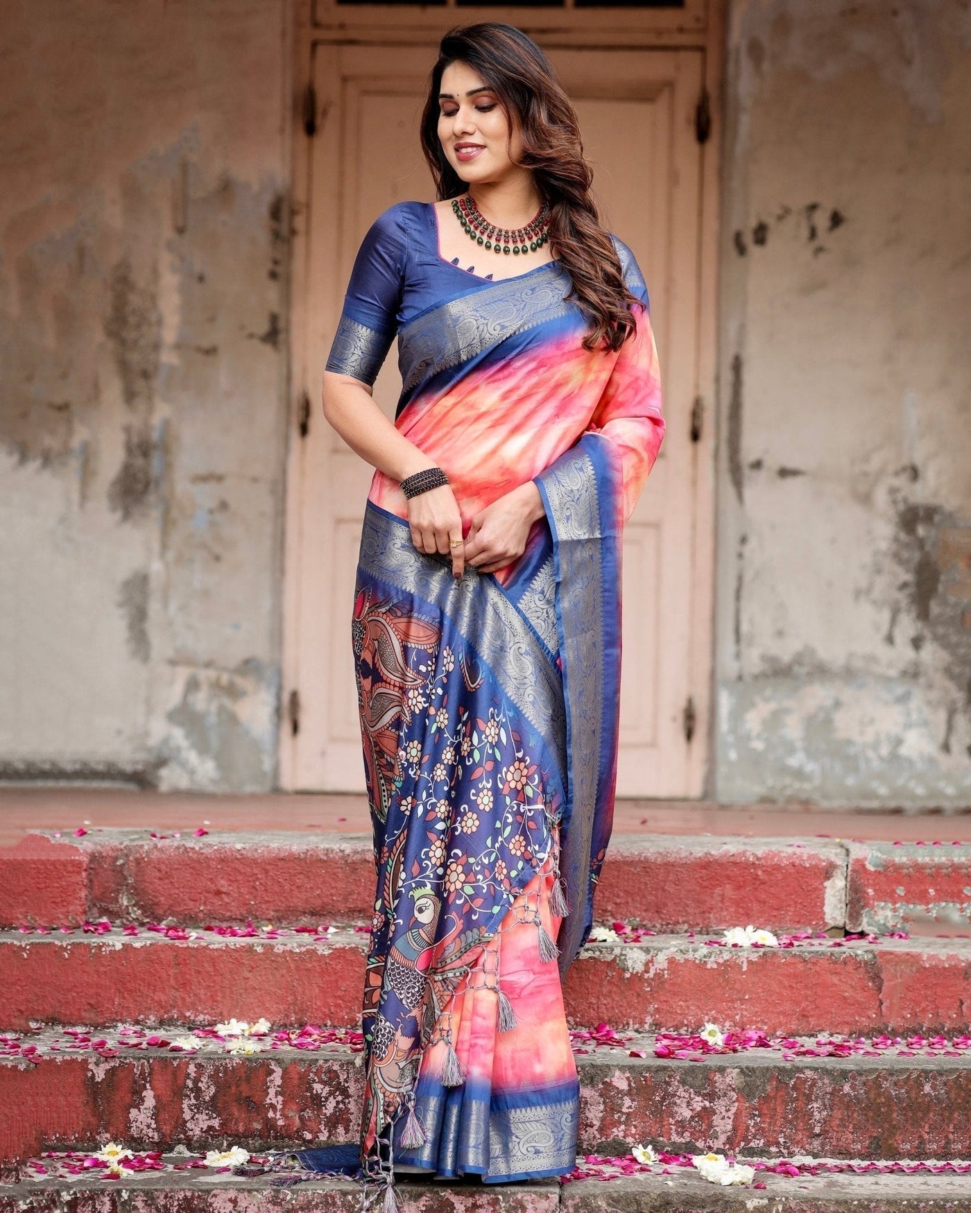 Pure Silk Digitally Printed Saree Weaved With Golden Zari Comes With Tassels - Almaari Fashion