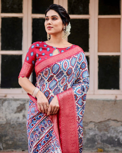 Pure Silk Digitally Printed Saree Weaved With Golden Zari Comes With Tassels - Almaari Fashion