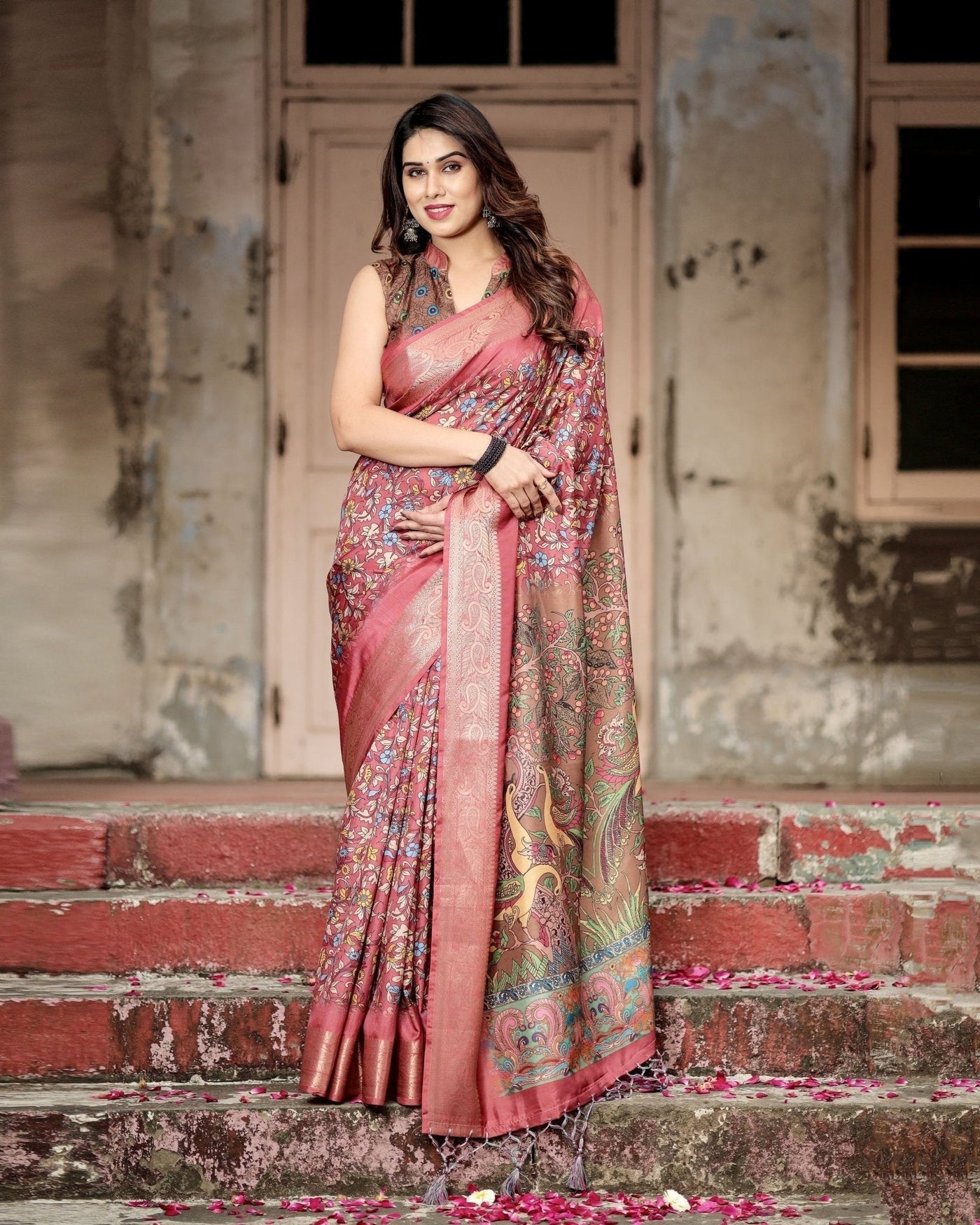 Pure Silk Digitally Printed Saree Weaved With Golden Zari Comes With Tassels - Almaari Fashion