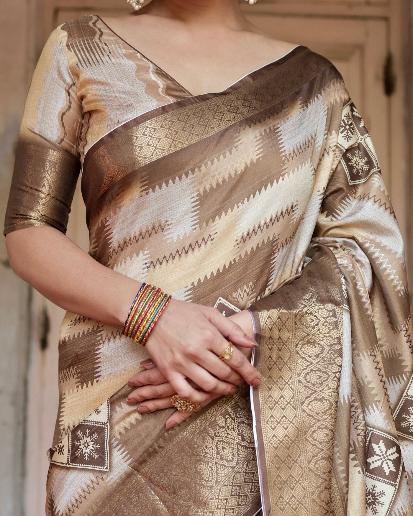 Pure Silk Digitally Printed Saree Weaved With Golden Zari Comes With Tassels - Almaari Fashion