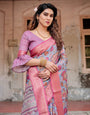 Graceful Grey Tussar Silk Saree with Pink Zari Border and Intricate Floral Motifs