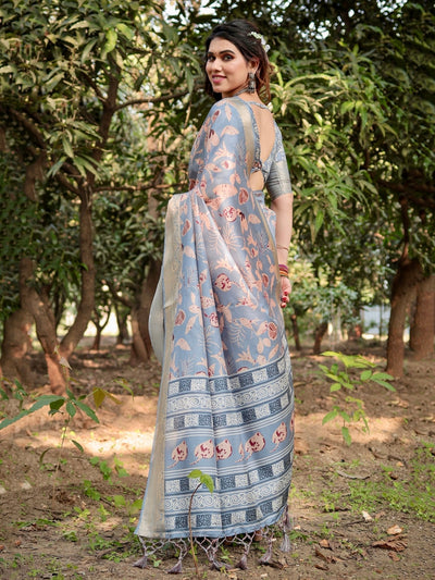 Pure Silk Digitally Printed Saree Weaved With Golden Zari Comes With Tassels - Almaari Fashion