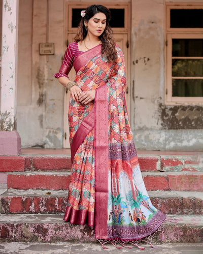 Pure Silk Digitally Printed Saree Weaved With Golden Zari Comes With Tassels - Almaari Fashion