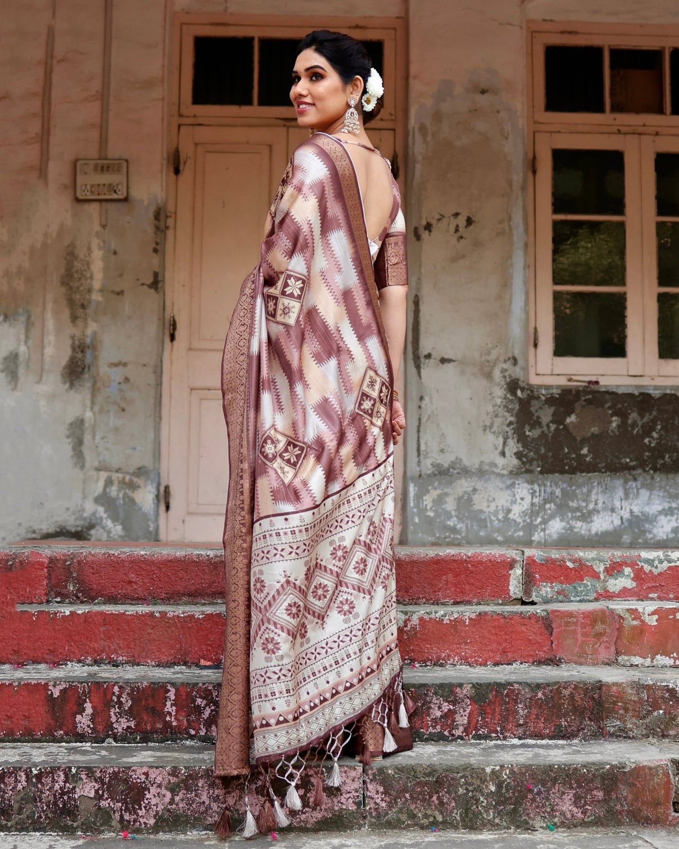 Pure Silk Digitally Printed Saree Weaved With Golden Zari Comes With Tassels - Almaari Fashion