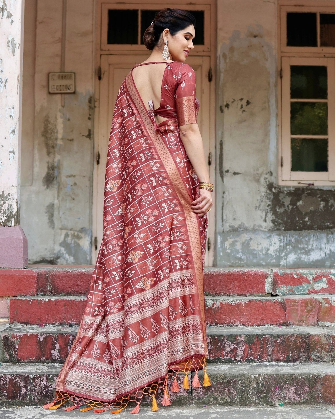 Pure Silk Digitally Printed Saree Weaved With Golden Zari Comes With Tassels - Almaari Fashion