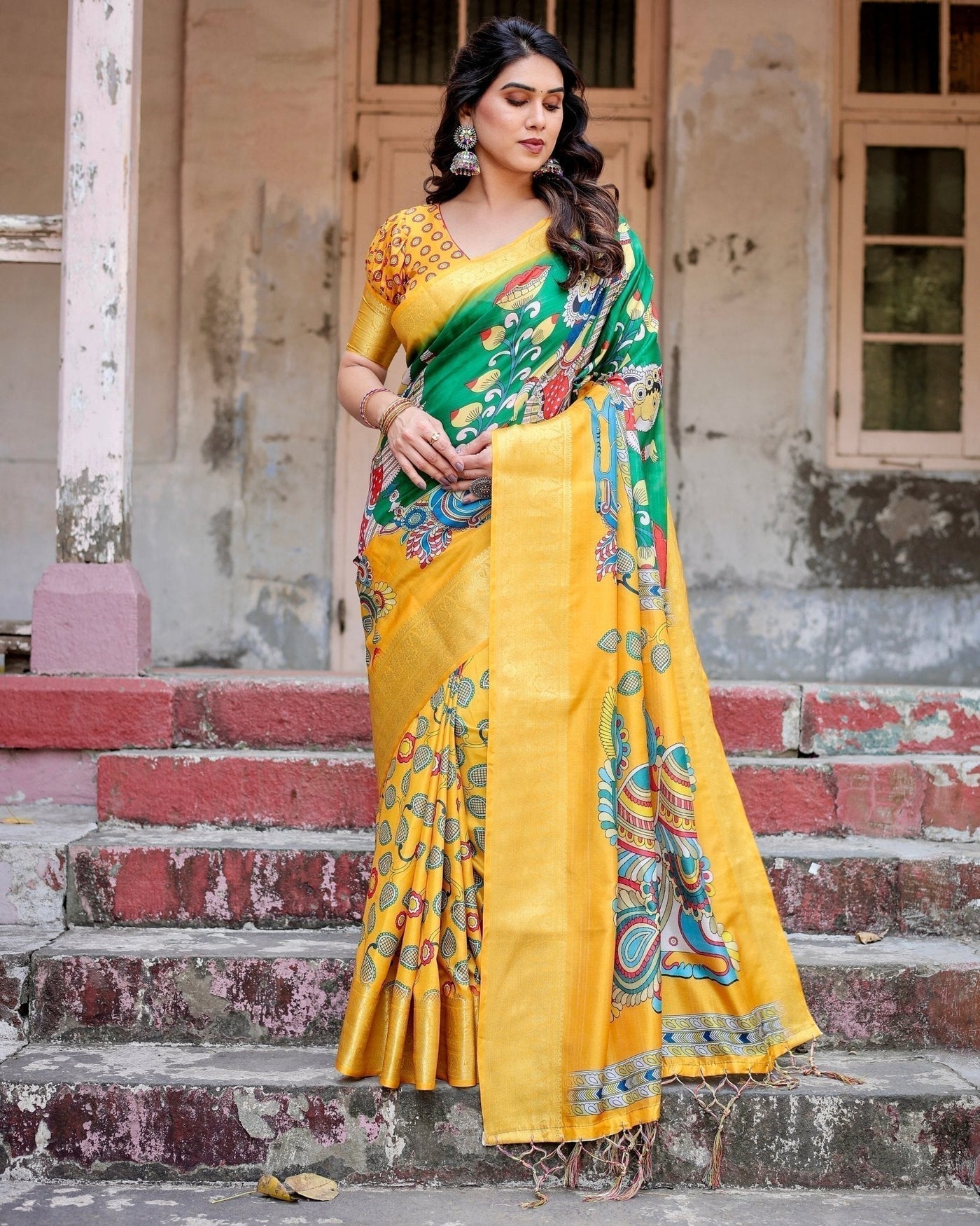 Pure Silk Digitally Printed Saree Weaved With Golden Zari Comes With Tassels - Almaari Fashion