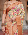 Golden Beige Banarasi Silk Saree with Floral Paradise Print and Ornate Zari Border