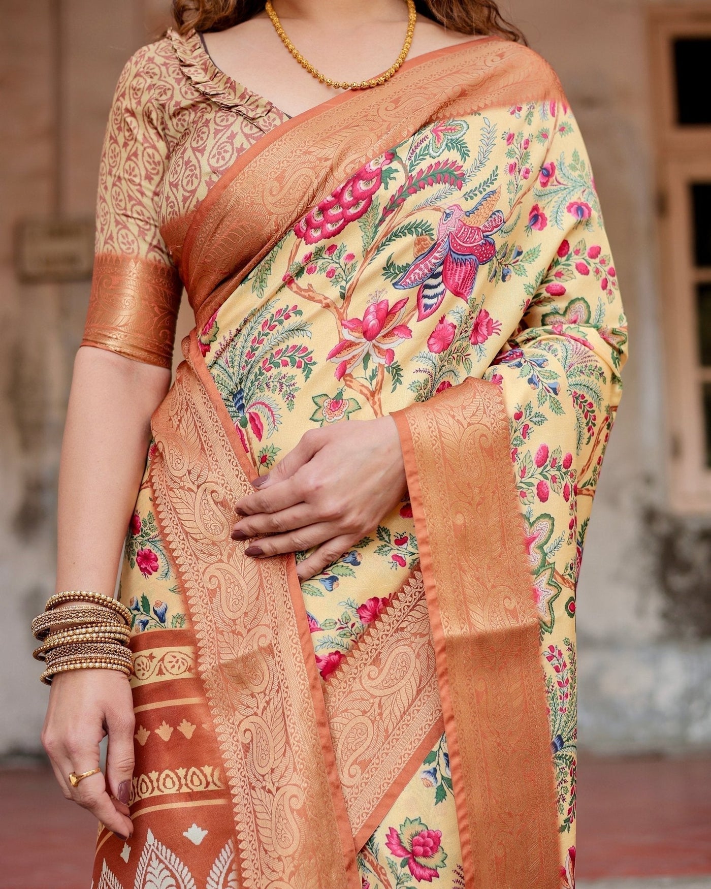 Pure Silk Digitally Printed Saree Weaved With Golden Zari Comes With Tassels - Almaari Fashion