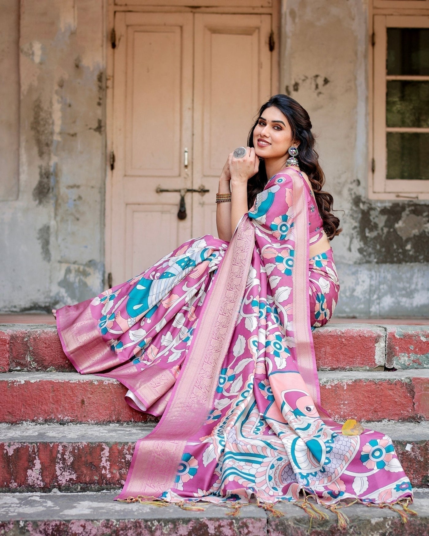 Pure Silk Digitally Printed Saree Weaved With Golden Zari Comes With Tassels - Almaari Fashion