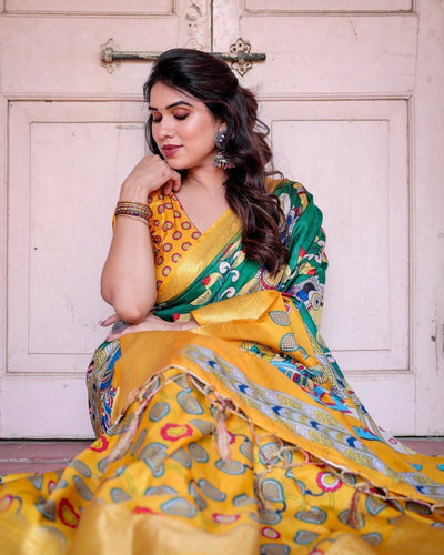 Pure Silk Digitally Printed Saree Weaved With Golden Zari Comes With Tassels - Almaari Fashion