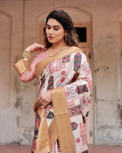 Pure Silk Digitally Printed Saree Weaved With Golden Zari Comes With Tassels - Almaari Fashion