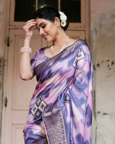 Pure Silk Digitally Printed Saree Weaved With Golden Zari Comes With Tassels - Almaari Fashion