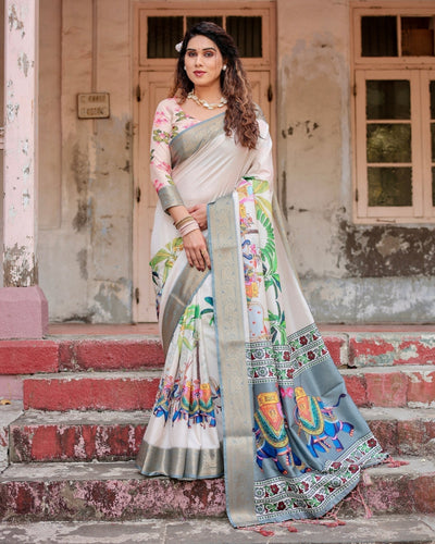 Pure Silk Digitally Printed Saree Weaved With Golden Zari Comes With Tassels - Almaari Fashion