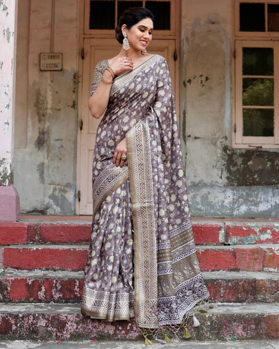 Pure Silk Digitally Printed Saree Weaved With Golden Zari Comes With Tassels - Almaari Fashion