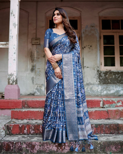 Pure Silk Digitally Printed Saree Weaved With Golden Zari Comes With Tassels - Almaari Fashion