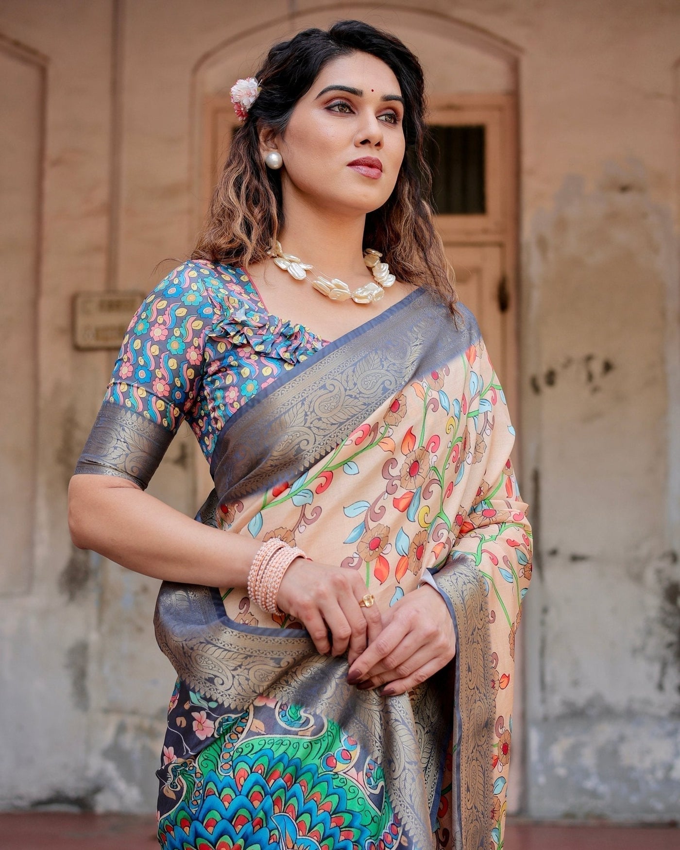 Pure Silk Digitally Printed Saree Weaved With Golden Zari Comes With Tassels - Almaari Fashion