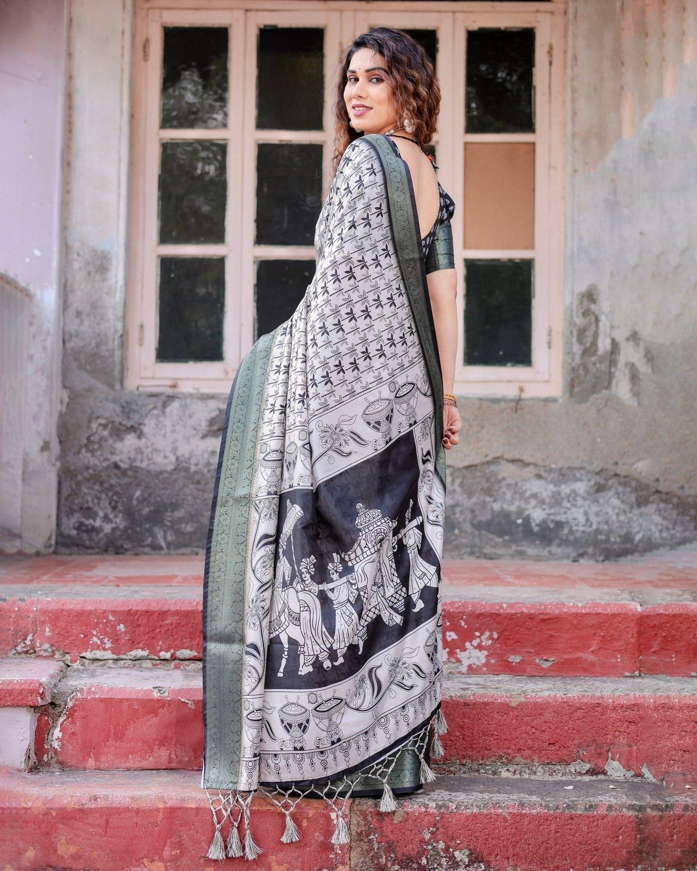 Pure Silk Digitally Printed Saree Weaved With Golden Zari Comes With Tassels - Almaari Fashion