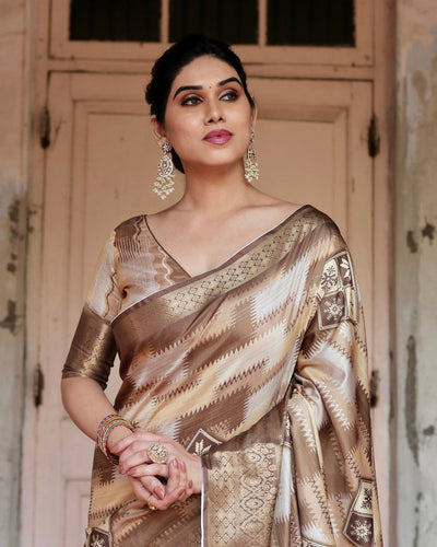 Pure Silk Digitally Printed Saree Weaved With Golden Zari Comes With Tassels - Almaari Fashion