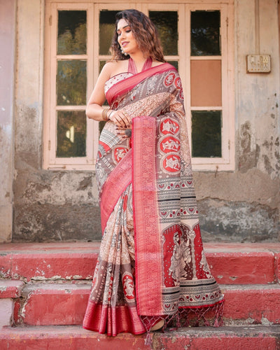 Pure Silk Digitally Printed Saree Weaved With Golden Zari Comes With Tassels - Almaari Fashion