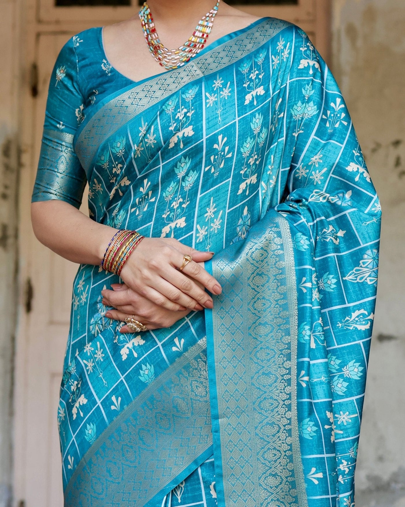 Pure Silk Digitally Printed Saree Weaved With Golden Zari Comes With Tassels - Almaari Fashion