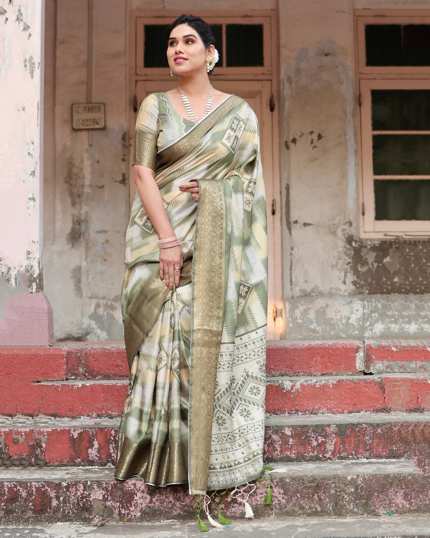 Pure Silk Digitally Printed Saree Weaved With Golden Zari Comes With Tassels - Almaari Fashion