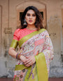 Pastel Tussar Silk Saree with Lime Green Zari Border and Hand-Painted Heritage Designs