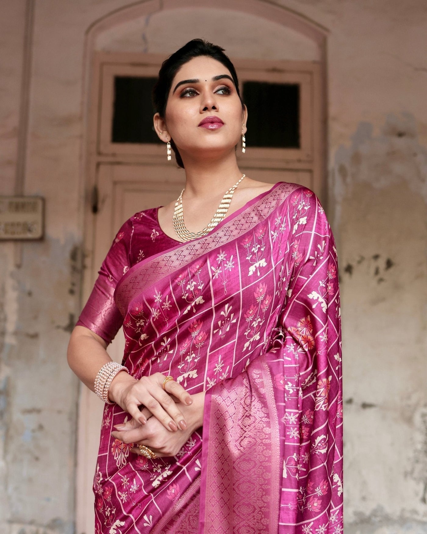 Pure Silk Digitally Printed Saree Weaved With Golden Zari Comes With Tassels - Almaari Fashion