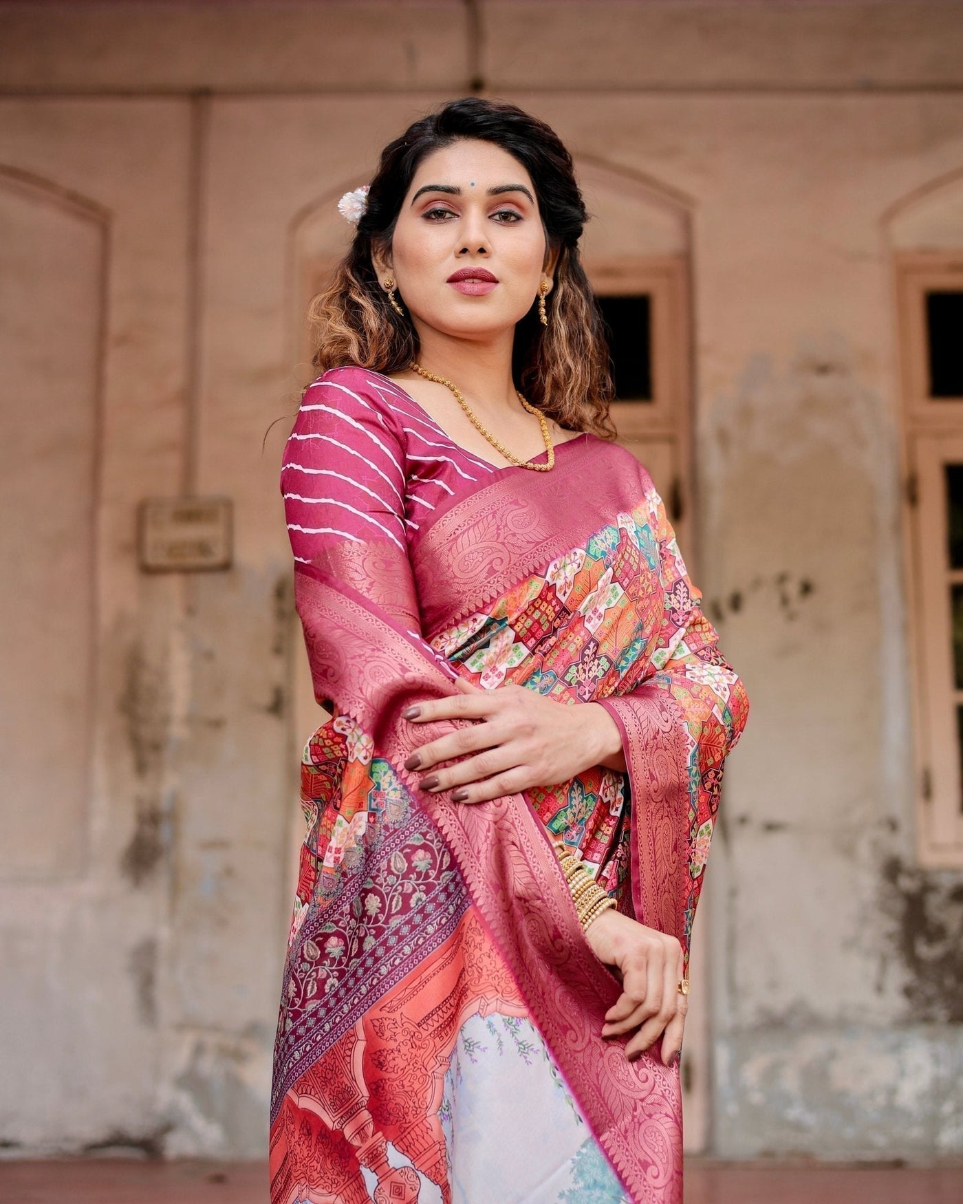 Pure Silk Digitally Printed Saree Weaved With Golden Zari Comes With Tassels - Almaari Fashion