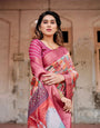 Maroon Tussar Silk Saree with Vibrant Geometric Tile Print and Zari Paisley Border