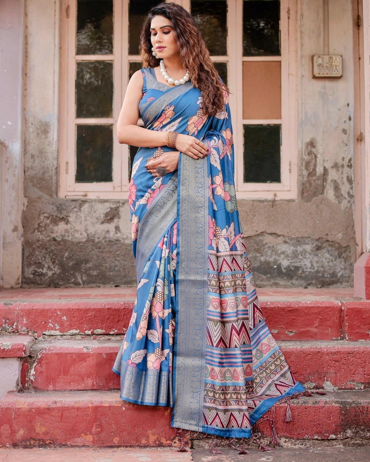 Pure Silk Digitally Printed Saree Weaved With Golden Zari Comes With Tassels - Almaari Fashion