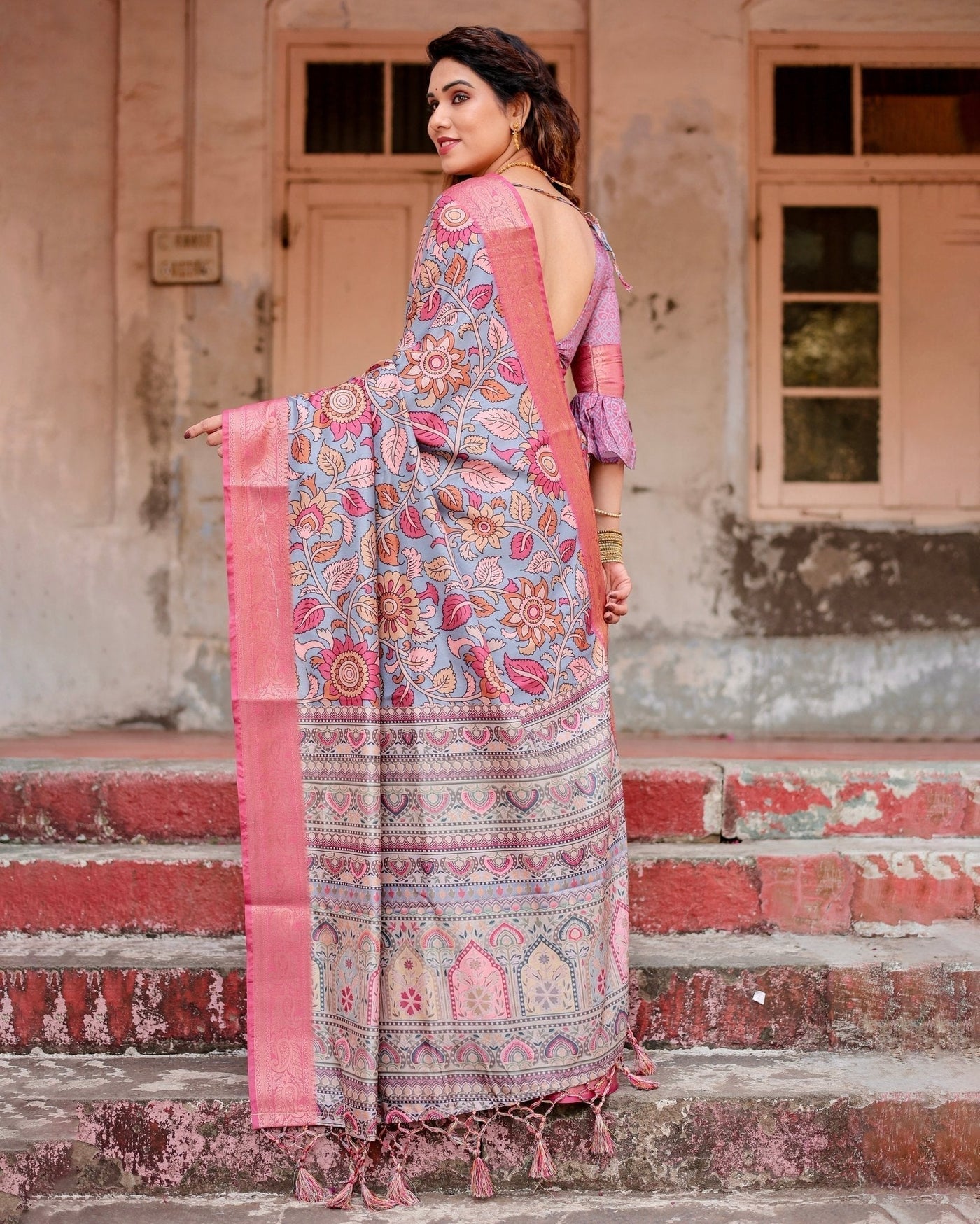 Pure Silk Digitally Printed Saree Weaved With Golden Zari Comes With Tassels - Almaari Fashion