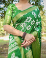 Enchanting Green Banarasi Silk Saree with White Floral Prints and Zari Border