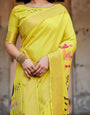 Vibrant Yellow Banarasi Silk Saree with Royal Procession Pallu and Zari Accents