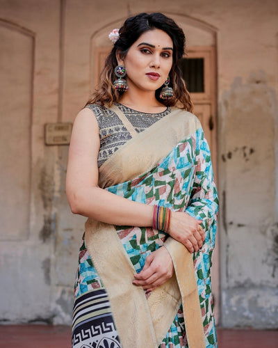 Pure Silk Digitally Printed Saree Weaved With Golden Zari Comes With Tassels - Almaari Fashion