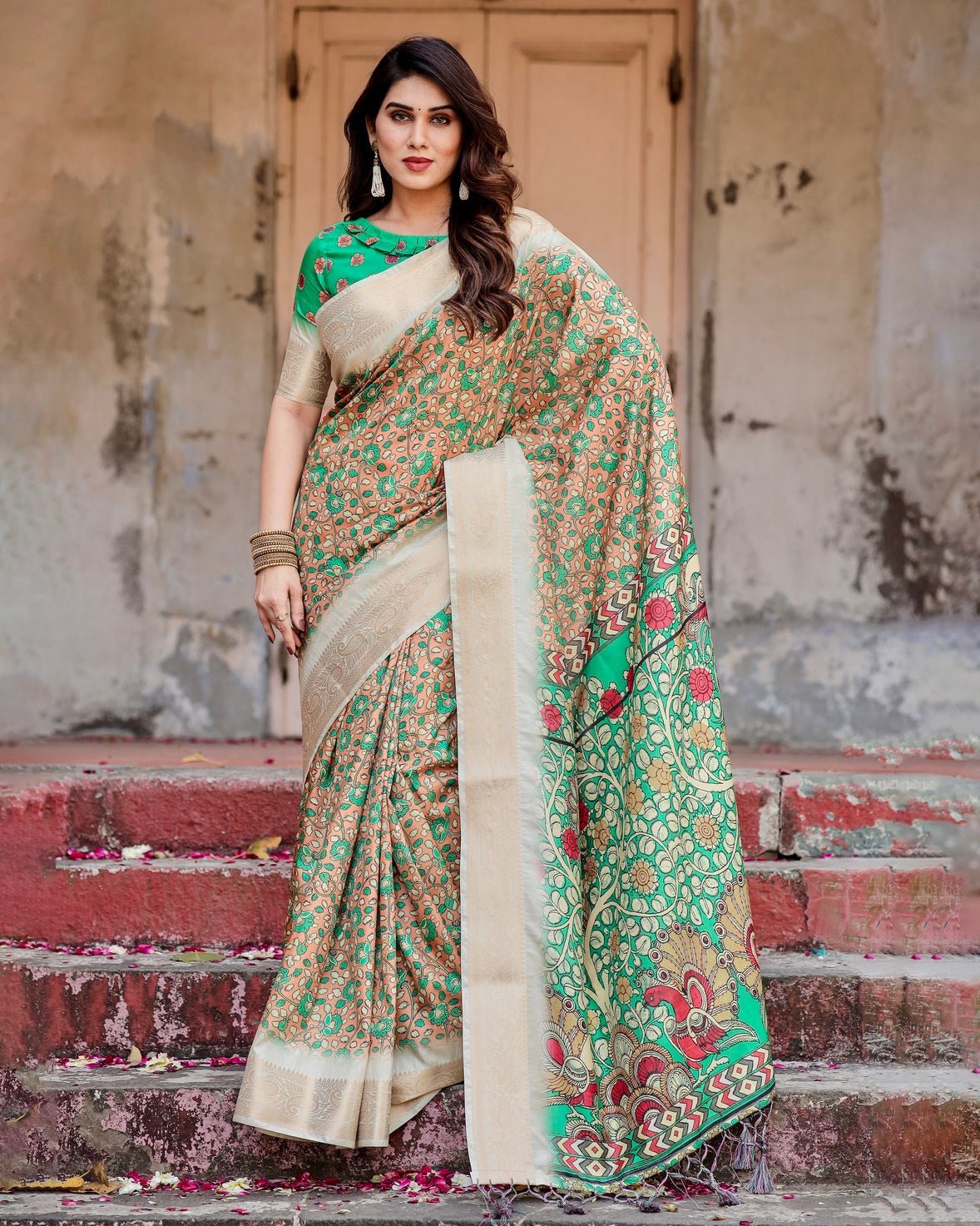 Pure Silk Digitally Printed Saree Weaved With Golden Zari Comes With Tassels - Almaari Fashion