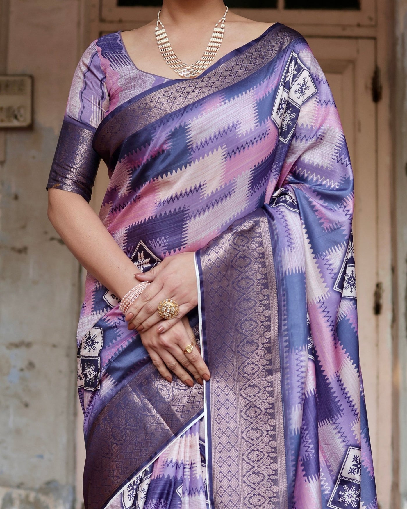 Pure Silk Digitally Printed Saree Weaved With Golden Zari Comes With Tassels - Almaari Fashion