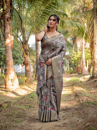 Pure Silk Digitally Printed Saree Weaved With Golden Zari Comes With Tassels - Almaari Fashion