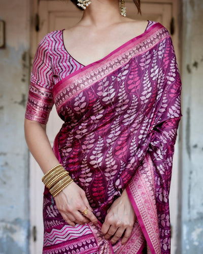 Pure Silk Digitally Printed Saree Weaved With Golden Zari Comes With Tassels - Almaari Fashion