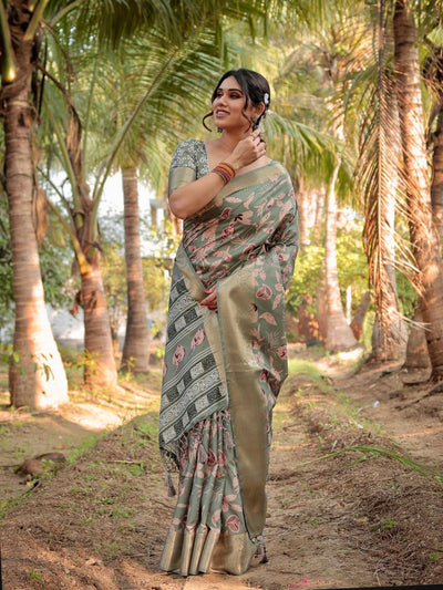 Pure Silk Digitally Printed Saree Weaved With Golden Zari Comes With Tassels - Almaari Fashion