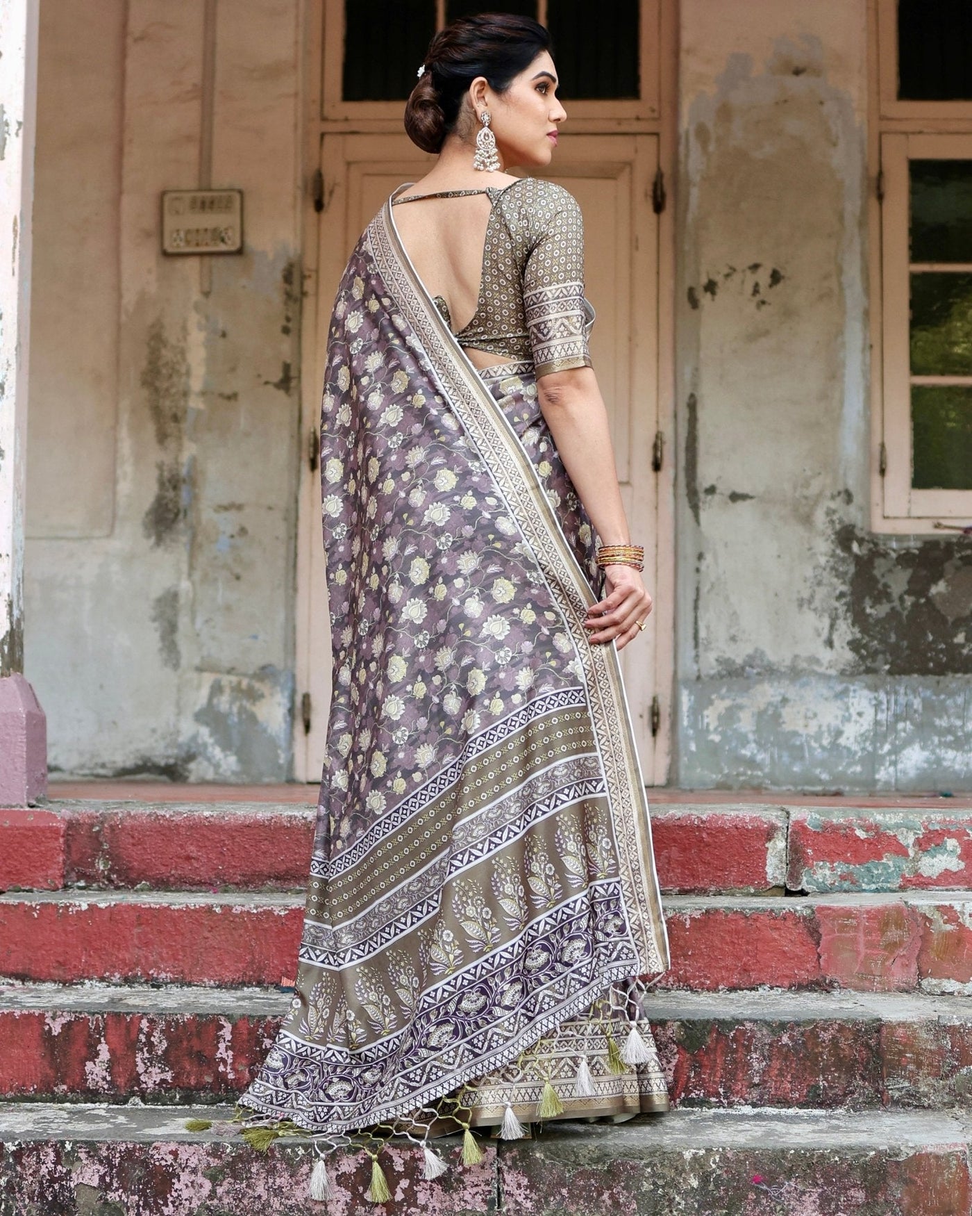 Pure Silk Digitally Printed Saree Weaved With Golden Zari Comes With Tassels - Almaari Fashion