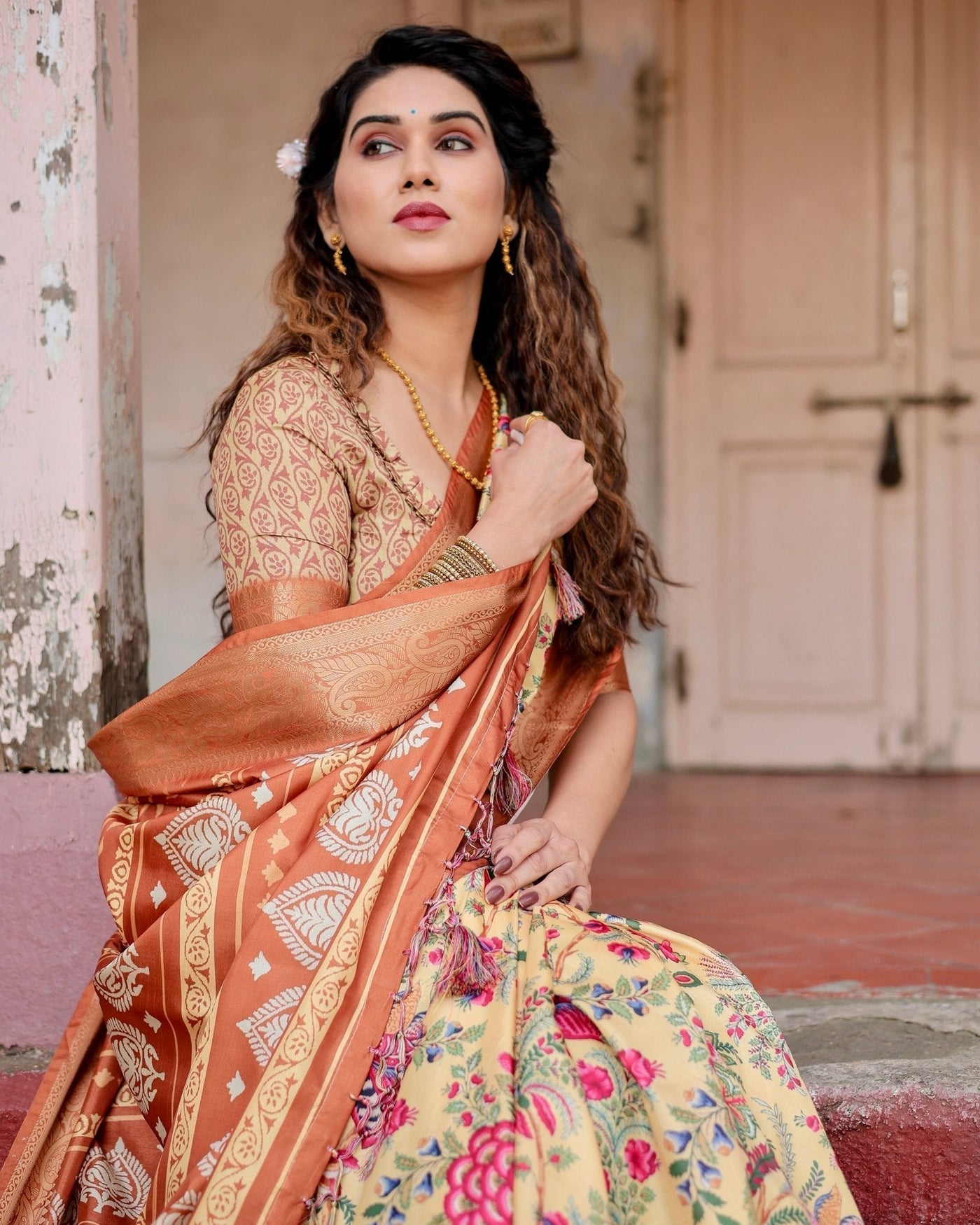 Pure Silk Digitally Printed Saree Weaved With Golden Zari Comes With Tassels - Almaari Fashion