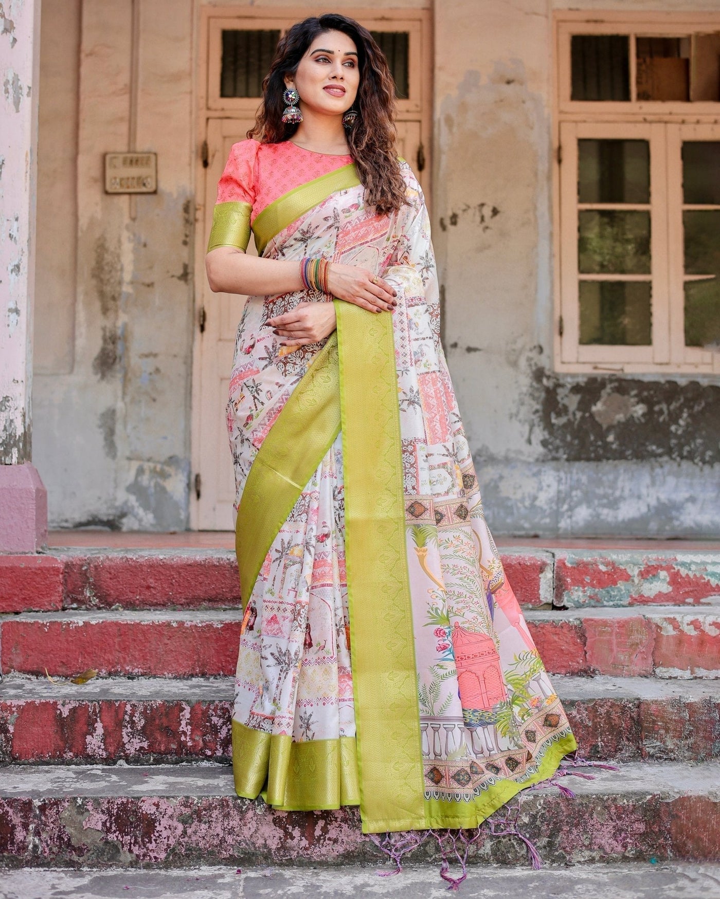 Pure Silk Digitally Printed Saree Weaved With Golden Zari Comes With Tassels - Almaari Fashion