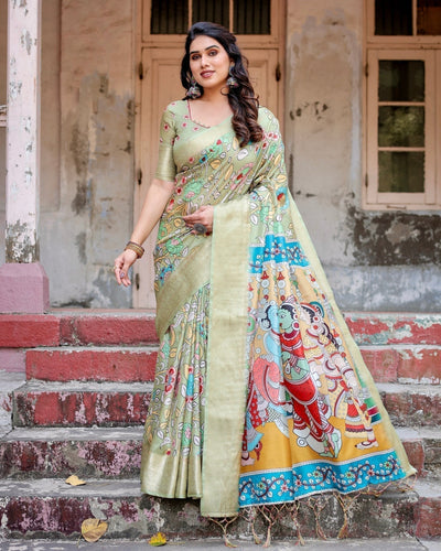 Pure Silk Digitally Printed Saree Weaved With Golden Zari Comes With Tassels - Almaari Fashion